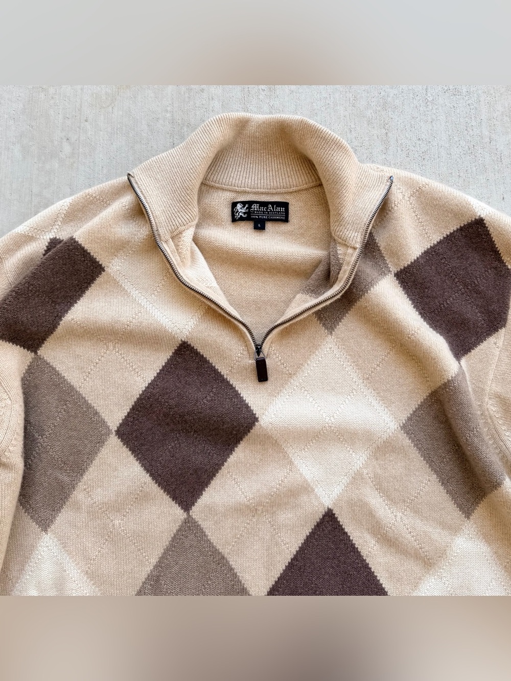 Mac Alan 1/4 Zip Sweater 100% Cashmere Argyle Print Men Size XL Scotland - Picture 2 of 6